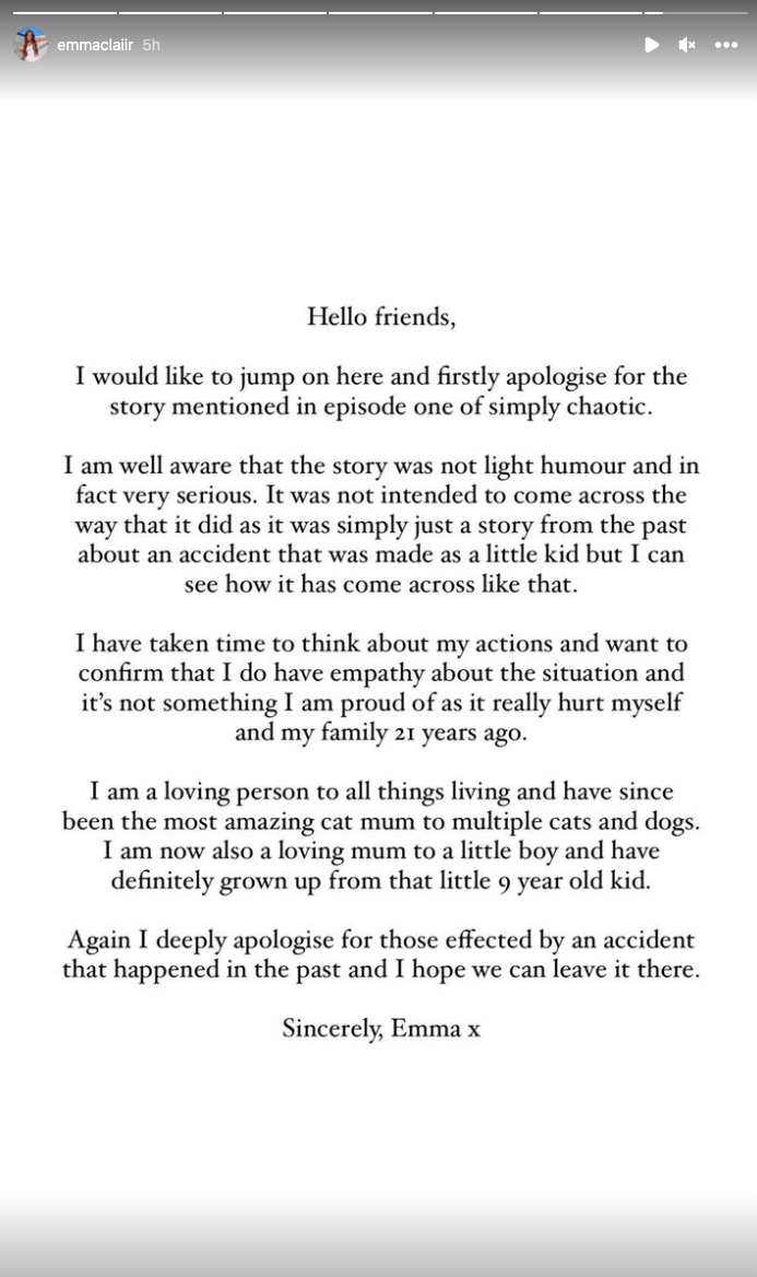 emma claiir apology cat killing