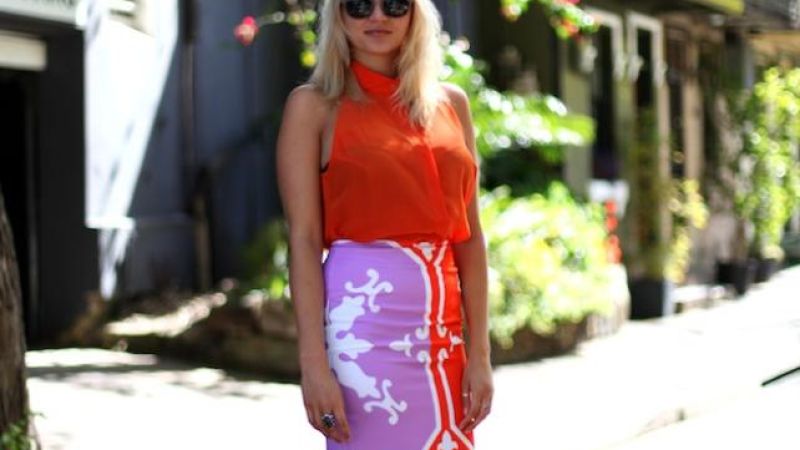Lucinda in a bright bold skirt