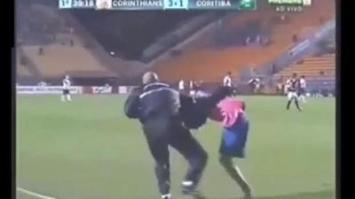 One-Legged Field Pitch Invader Interrupts Brazilian Football Match