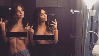 Kim Kardashian & Emily Ratajkowski Jointly Say Eff You With Nude Selfie x2