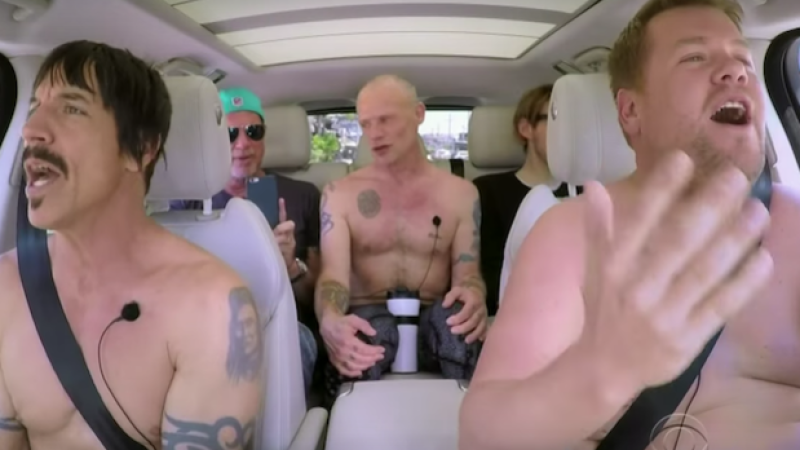 WATCH: James Corden Strips, Wrestles With Chilli Peppers On “Carpool Karaoke”