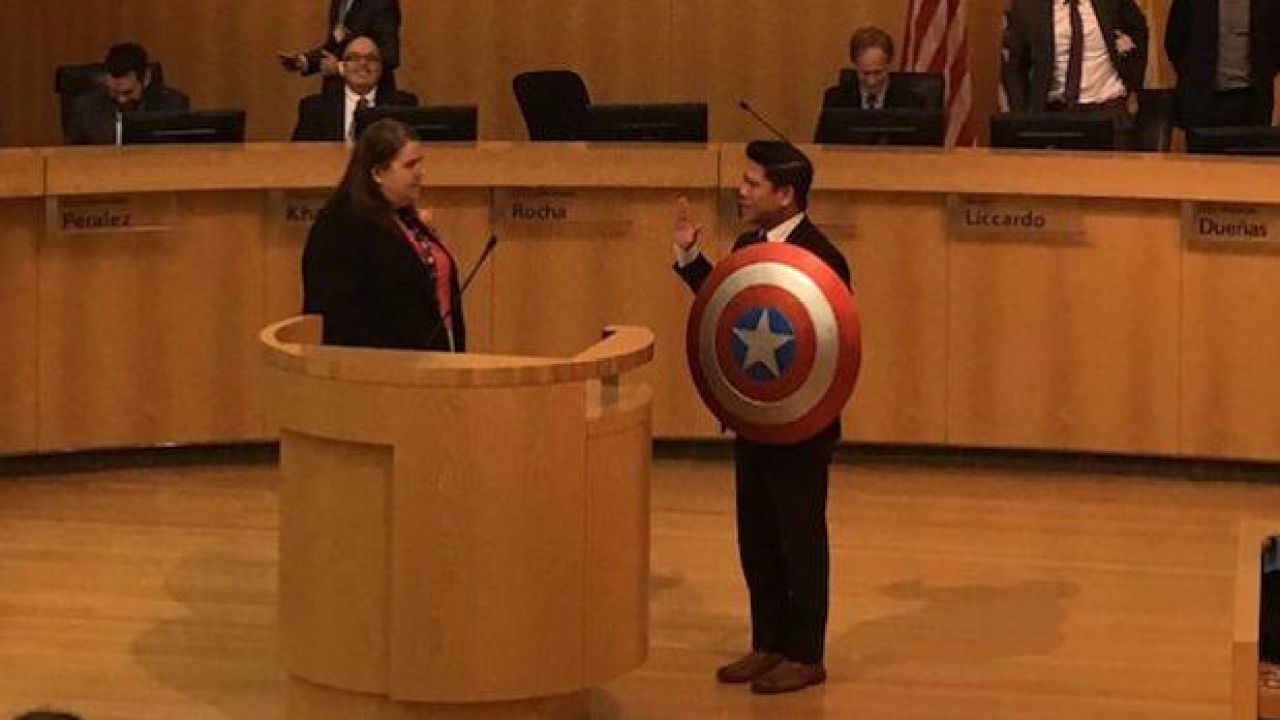 US Politician Sworn In To Office Holding Replica Captain America Shield
