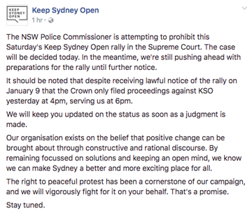 Keep Sydney Open Says NSW Police Are Applying To Shut Down Saturday’s Rally
