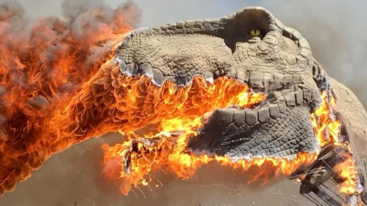 Giant Animatronic T-Rex Has Shit Day At Work, Bursts Into Flames 