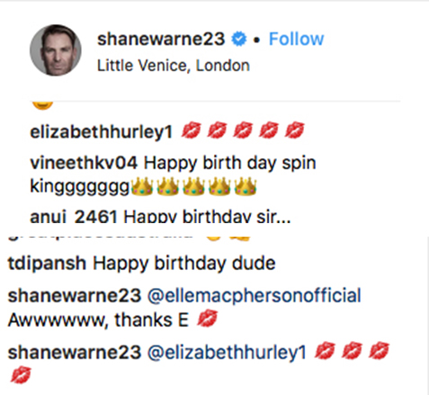 Liz Hurley Comments On Shane Warne's Birthday Instagram Post