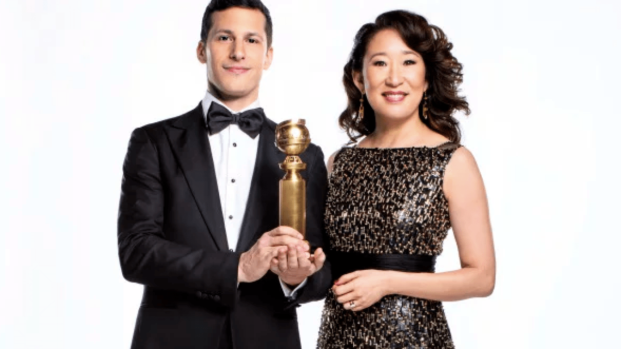 BFFs Andy Samberg & Sandra Oh Admit They Only Just Met In Golden Globes Promo