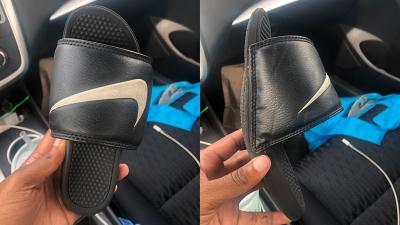 Twitter User Shares Her Nike Slides That Shrunk In A Car & What Are These, Shoes For Ants?