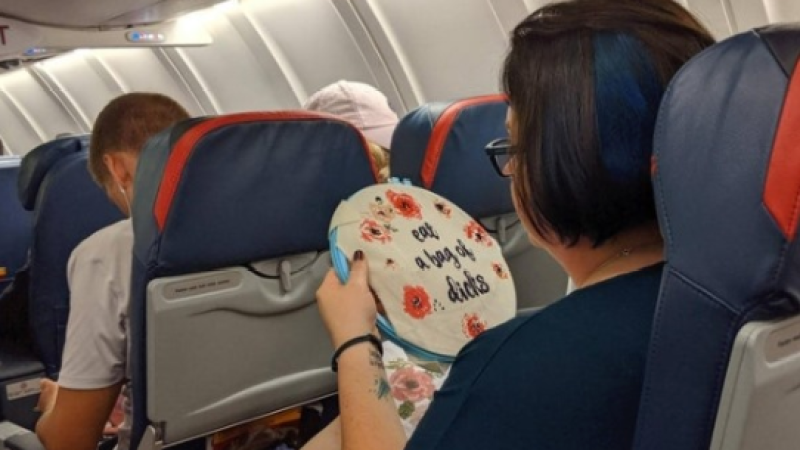 This Woman Innocently Cross Stitching “Eat A Bag Of Dicks” On Her Flight Is My Forever Mood