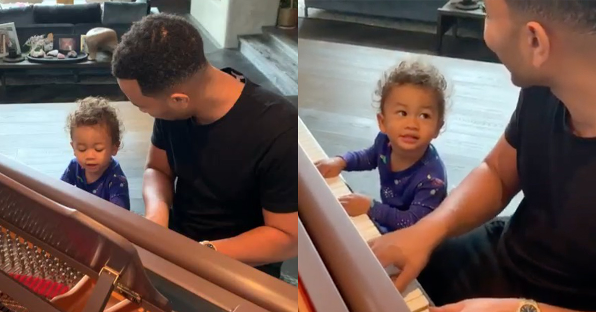 John Legend playing piano with son Miles