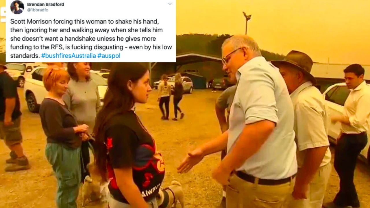 Here’s Scott Morrison Grabbing A Bushfire Victim’s Hand Before Ignoring Her Plea For Help