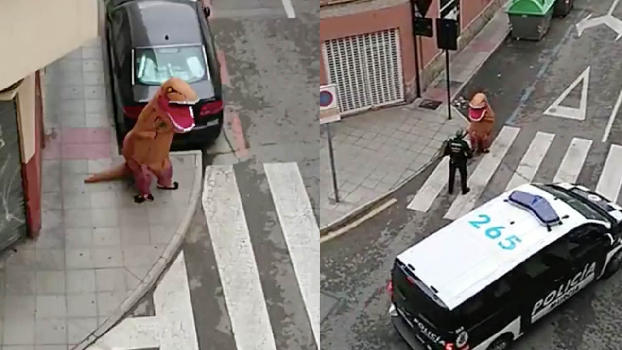 This Guy, Dressed In A T-Rex Costume, Obviously Had Enough Of Spain’s Strict Lockdown Laws