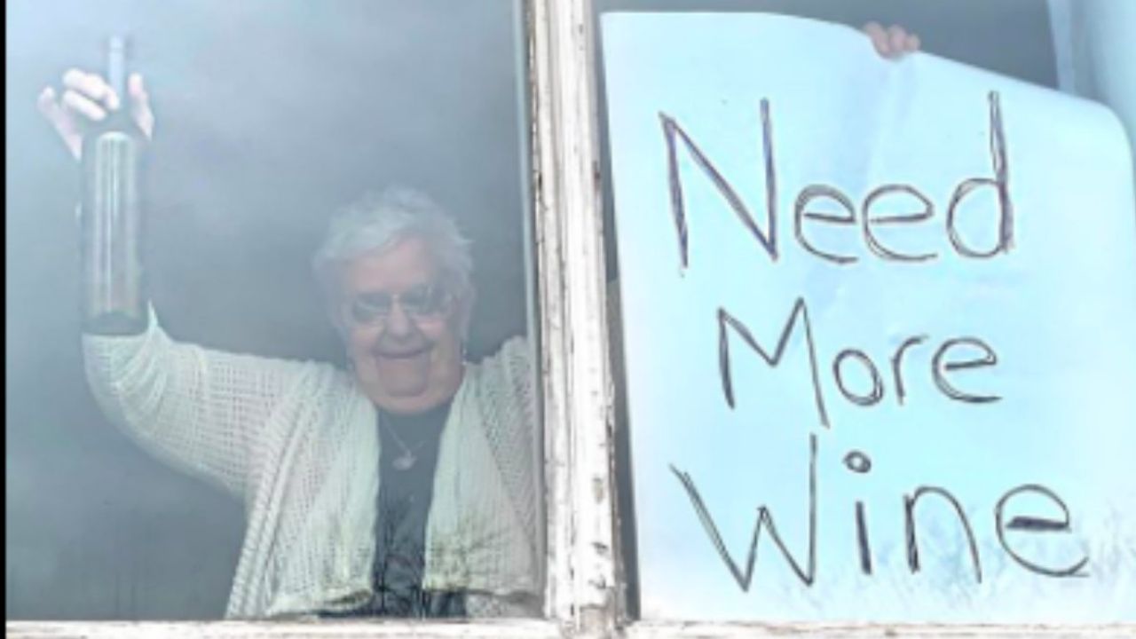 This 82Y.O Woman With A “Need More Wine” Sign Is Officially The Fkn Queen Of Quarantine