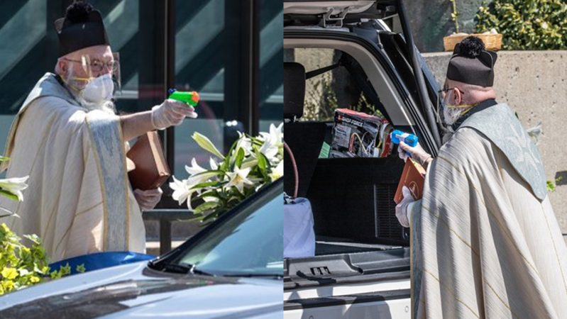 Bless This Priest Who Sprayed Holy Water At Drive-Thru Churchgoers With A Water Gun