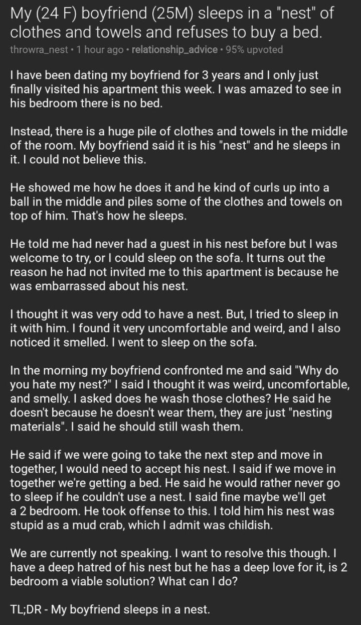 Today’s Horror Story Comes From This Redditor Who Claims Her BF Sleeps In A Nest Of Clothes