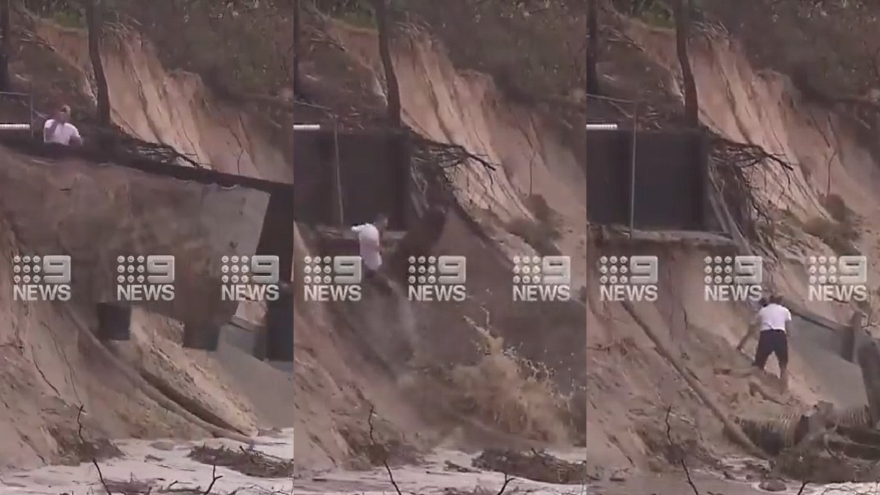Byron Bay Walkway Collapses Under A Man’s Feet As Wild Weather Obliterates The Iconic Beach