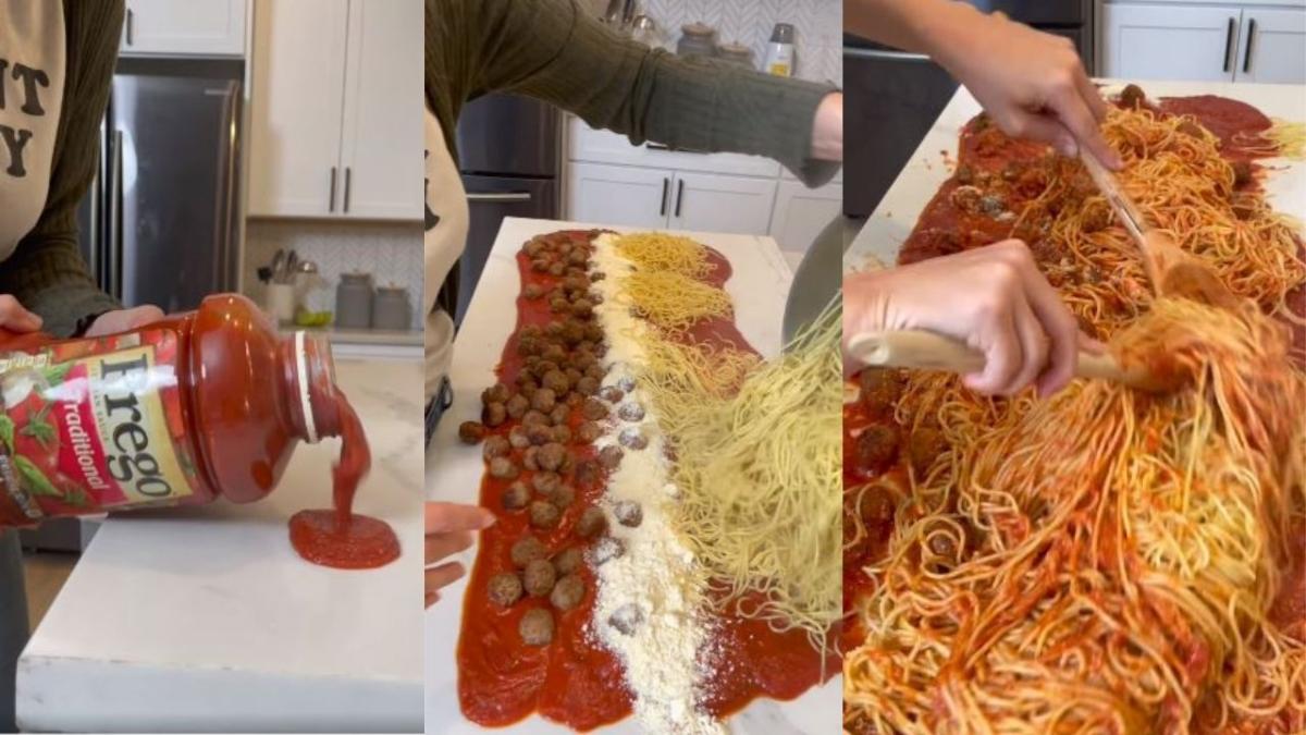 spaghetti bolognese pasta kitchen counter