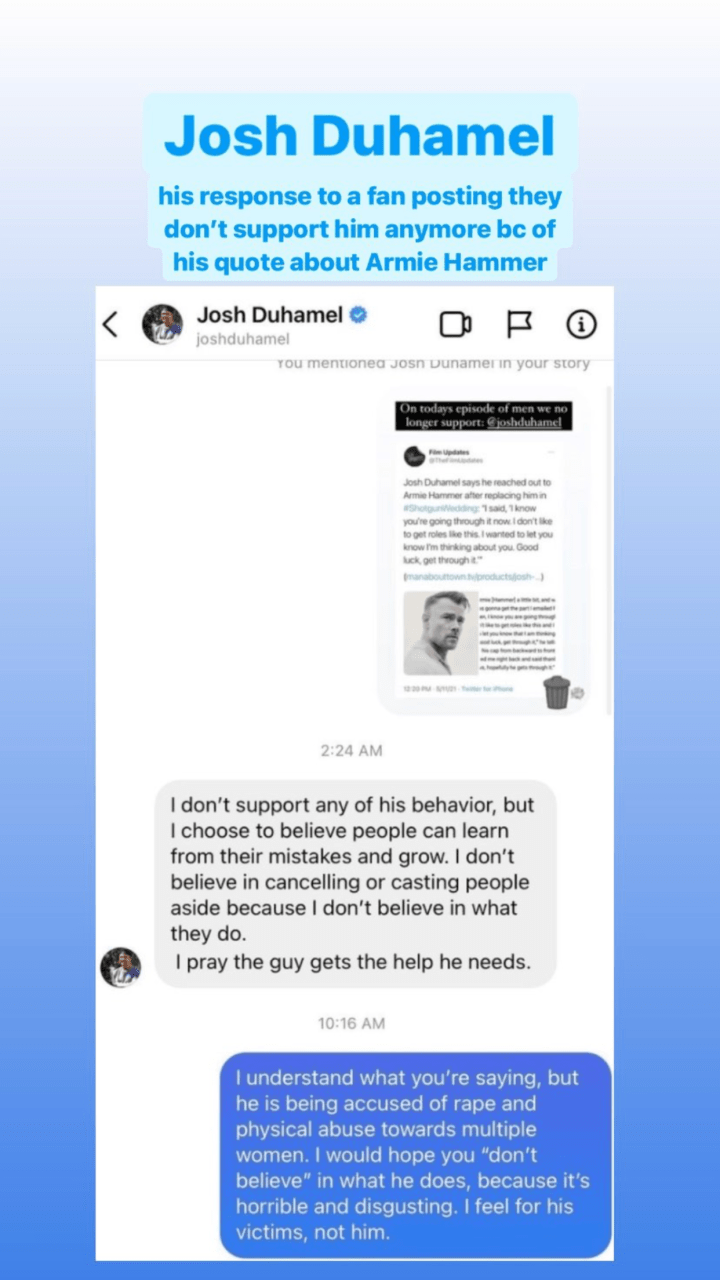 Josh Duhamel Is Being Torn A New One For His Fucked Take On The Armie Hammer Allegations