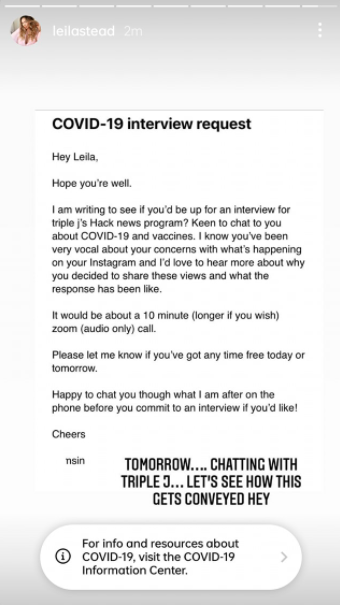 Email between triple j Hacks and anti-vax influencer Leila Stead