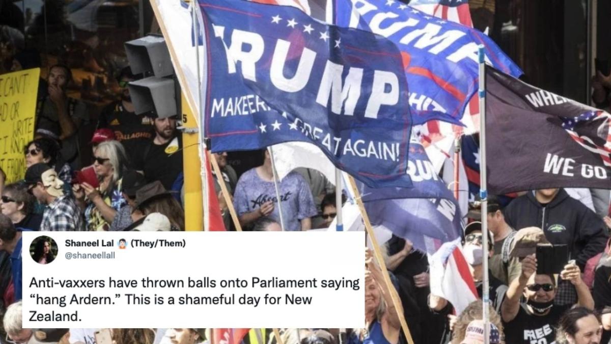 New Zealand anti-vax protest consists of Trump flag, with demonstrators threatening Jacinda Ardern and heckling police and reporters.