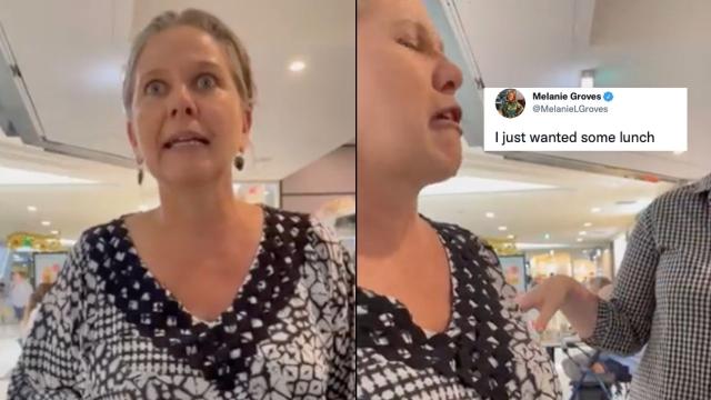 An anti-vaxxer woman yelling at a customer in a cafe in Mackay, Queensland.