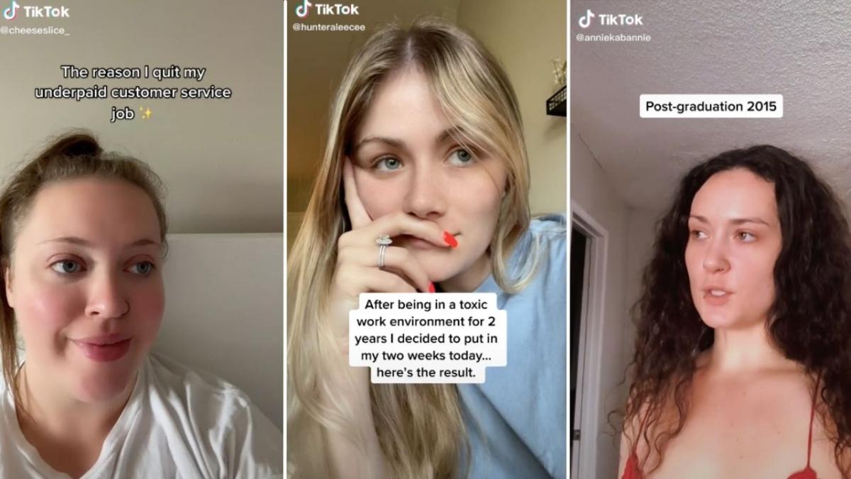 Screenshots of TikTok videos where young people talking about quitting their toxic workplaces