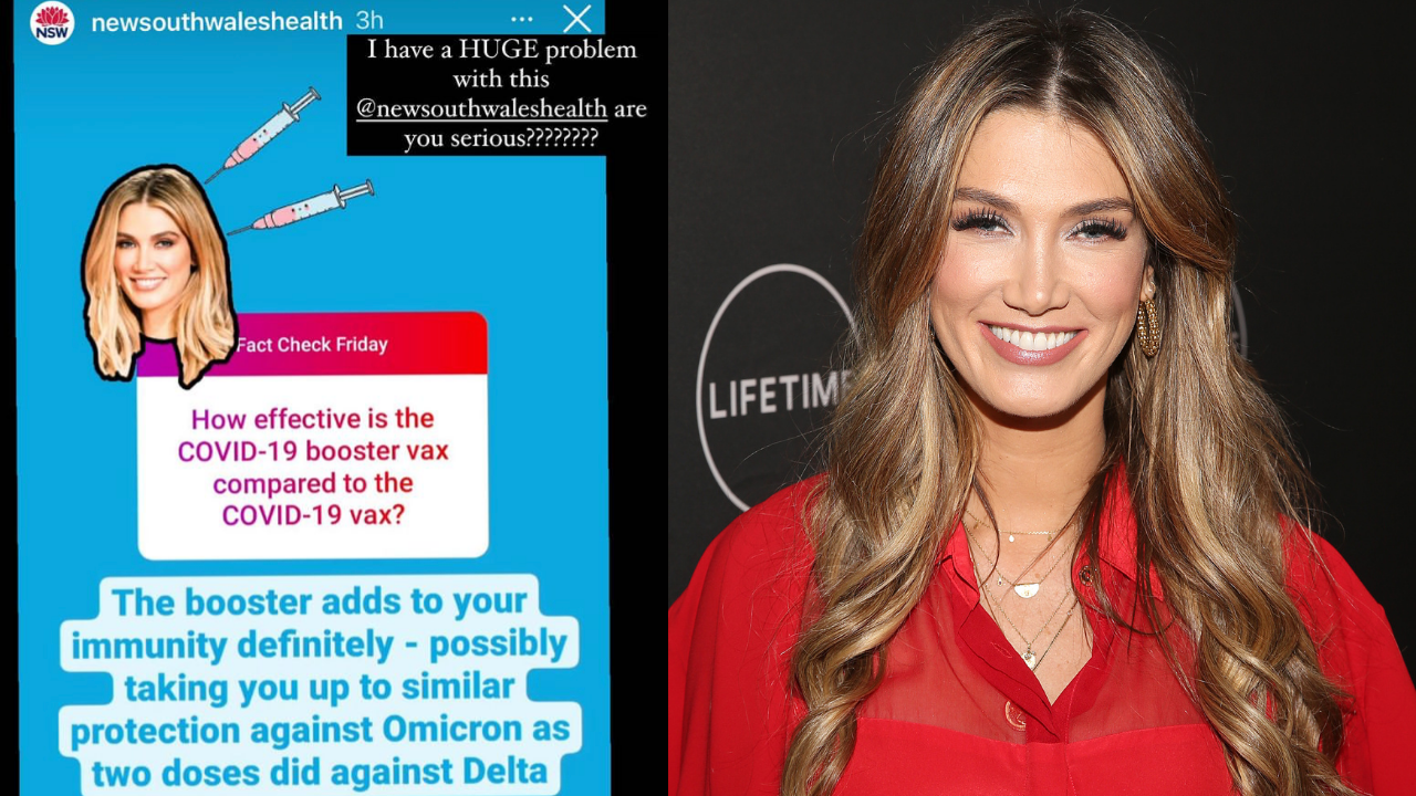 Delta Goodrem and a screenshot of NSW Health's Instagram story