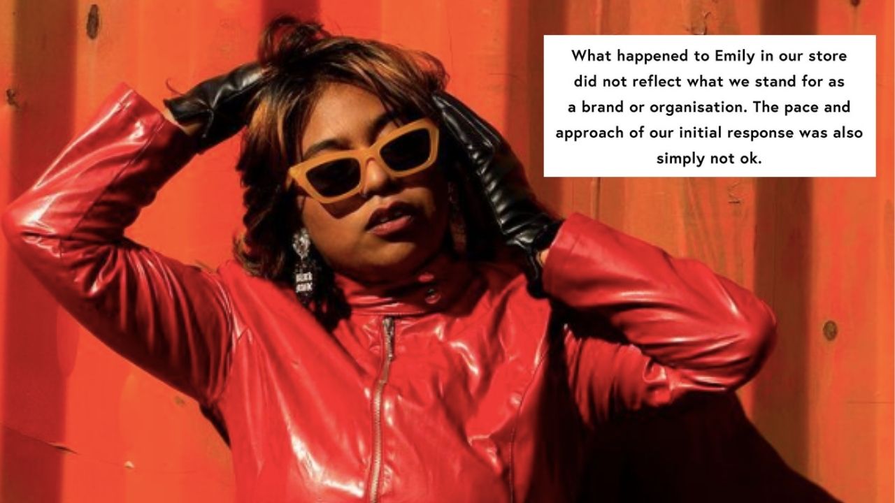 An image of First Nations musician Emily Wurramara, who is posing in a red jacket and orange sunglasses against an orange background. On the image is an overlay of a Sportsgirl apology that says: "What happened to Emily in our store did not reflect what we stand for as a brand or organisation. The pace and approach of our initial response was also simply not ok." The apology is in response to accusations of racial profiling.