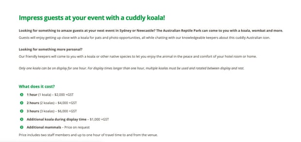 A page advertising the 'Koala To Your Room' service by The Australian Reptile Park. The page has since been taken down.
