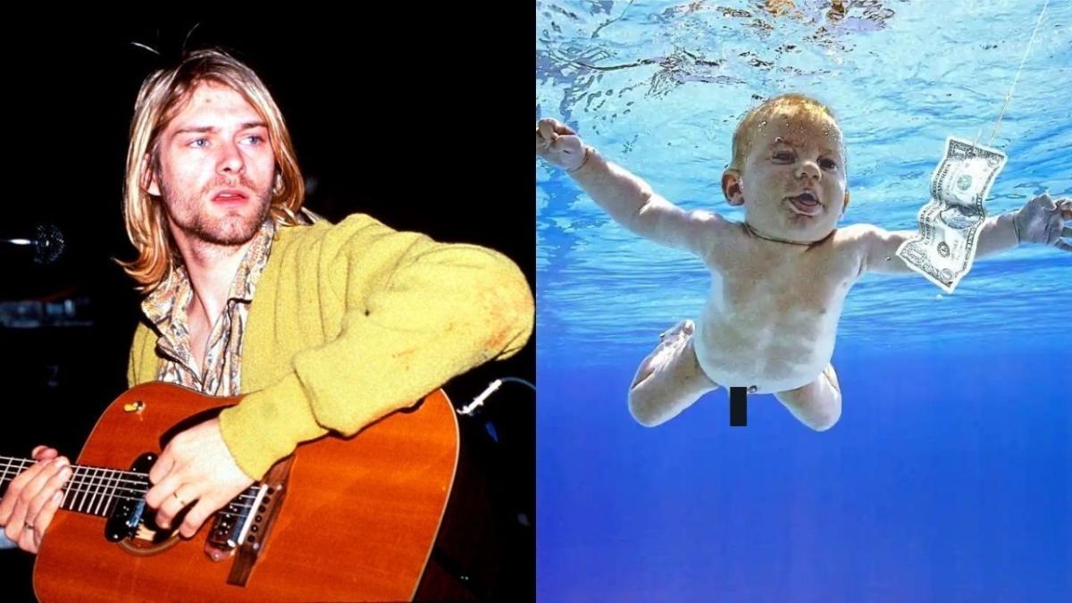 Kurt Cobain alongside Nevermind album cover that shows naked nirvana baby.