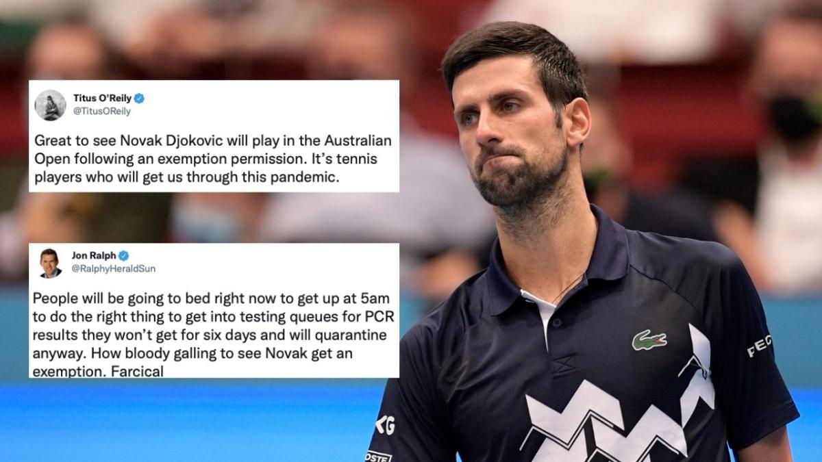 Novak Djokovic frowning, with two angry tweets showing Aussie backlash to his exemption.
