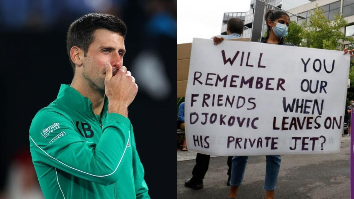 An image of Novak Djokovic looking thoughtful and anxious, next to an image of a protester supporting refugees and asylum seekers trapped at Melbourne's Park Hotel.