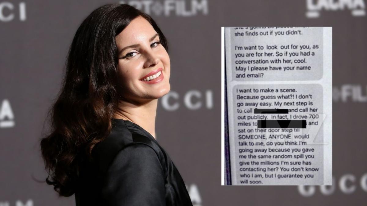 Lana Del Ray smiling, next to sinister text messages from her stalker.