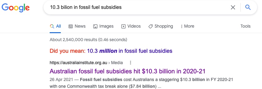 A google search result that tries to correct 'billions' to 'millions'.