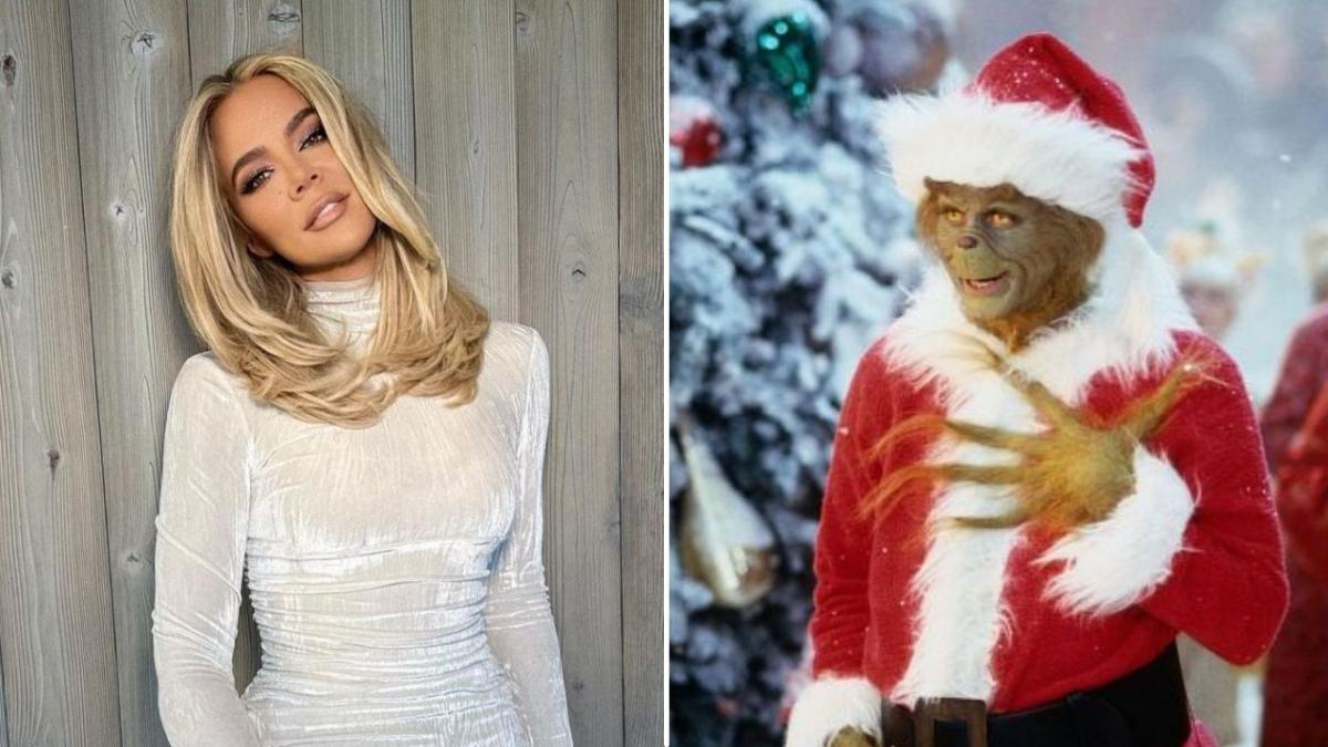 Khloe Kardashian smiling and posting in an Instagram picture the was accused of a photoshop fail, spliced next to an image of the Grinch displaying his long fingers.