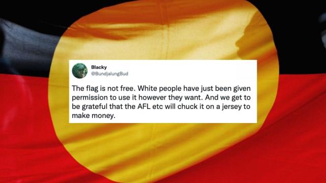 The Aboriginal flag, with a tweet overlay criticising the politics of the 'free the flag' movement.