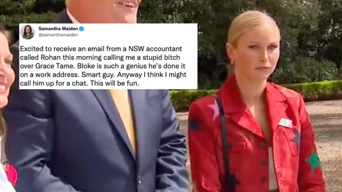 An image of Grace Tame glaring at Scott Morrison, with a screenshot of a journalist revealing a man called Rohan sent her a hateful email from his work account over the photos.