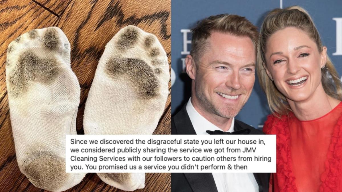 Storm Keating and Ronan Keating, next to an image of filthy socks and a screenshot of text accusing a cleaner of not doing her job.