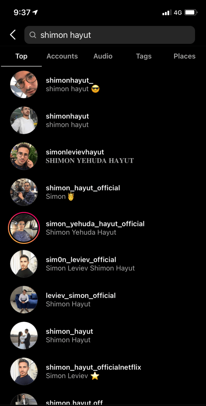 Instagram's search results show multiple accounts apparently belonging to Shimon Hayut.