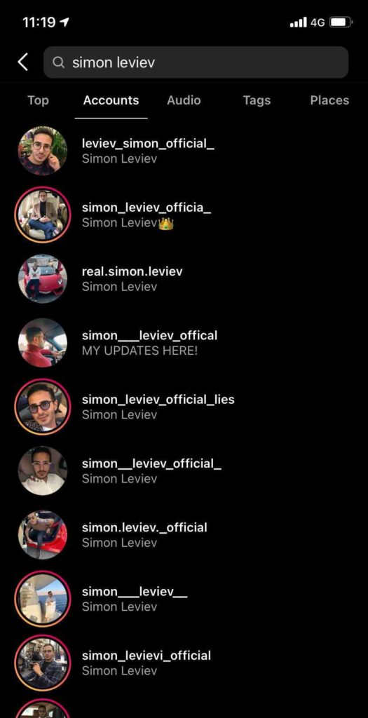 Instagram's search results for "Simon Leviev".
