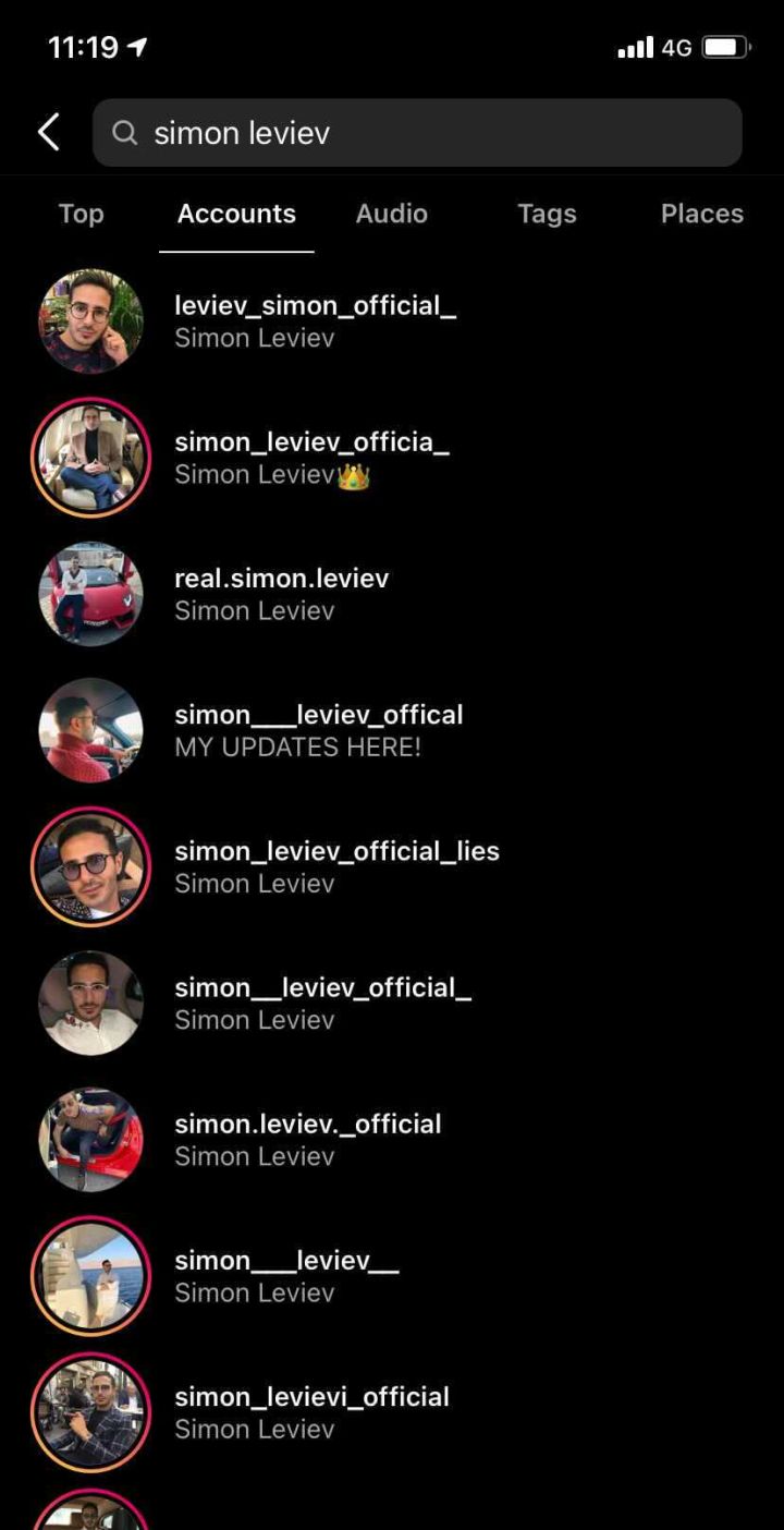 Instagram's search results for "Simon Leviev".
