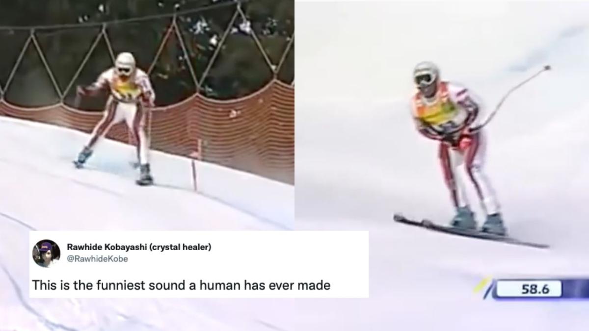 Skier gets hit in balls with slalom gate.