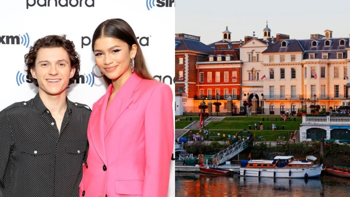 Tom Holland and Zendaya next to an image of waterfront mansions in Richmond