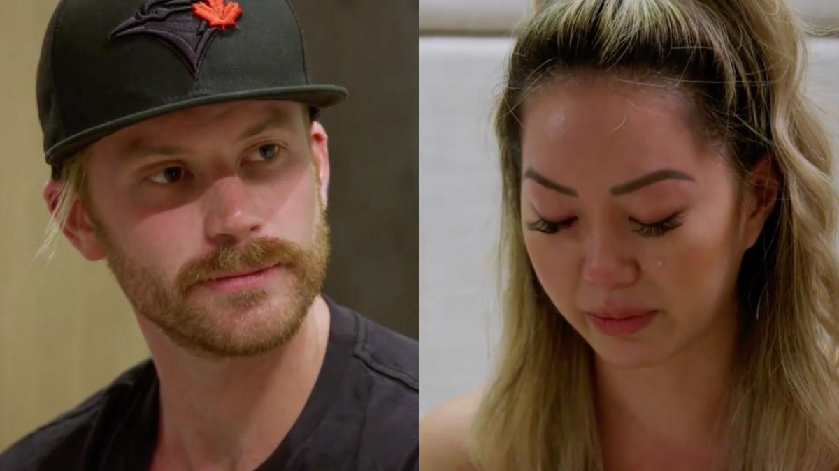side by side images of Cody and Selina on MAFS, where Cody is wearing a hat and looking pointedly while Selina is looking down and crying after she experienced racism.