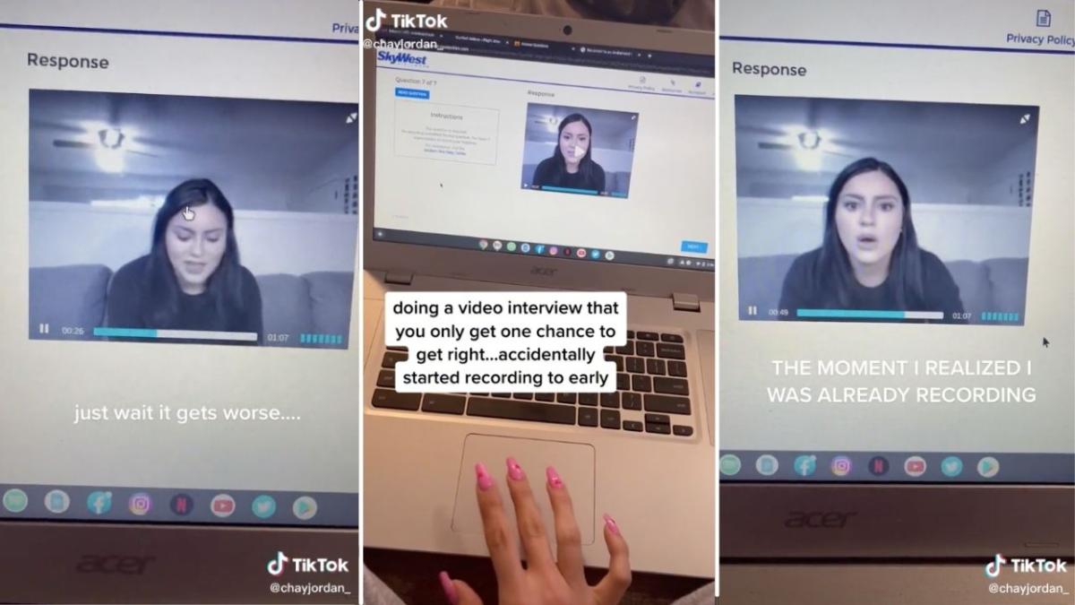 A TikTok of a woman realising her job interview has gone horribly wrong.