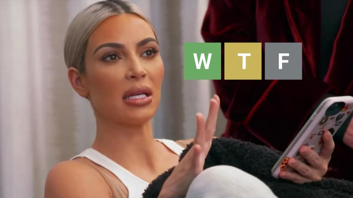 A picture of Kim Kardashian looking frustrated at a hard Wordle game.