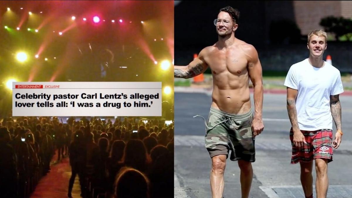 Carl Lentz and Justin Bieber next to an image of a Hillsong concert as part of a new docuseries.