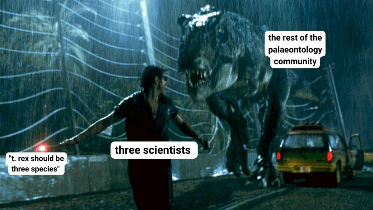 An image from Jurassic park of Dr Ian Malcolm running from a T. rex while holding a flare. The image is a meme, with the flare representing new T. rex species, and the dinosaur representing anger from the paleontological community.