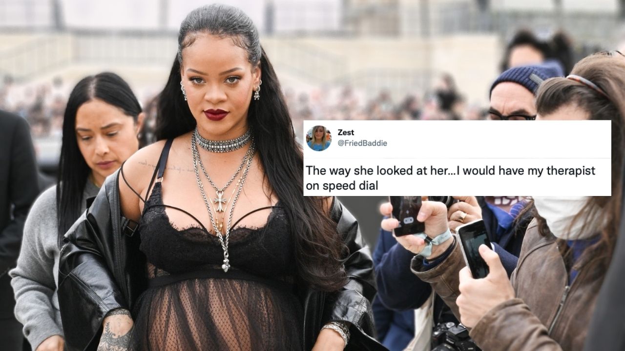 Rihanna at the Dior red carpet, with a tweet about the heckler who yelled 'you're late' at her.