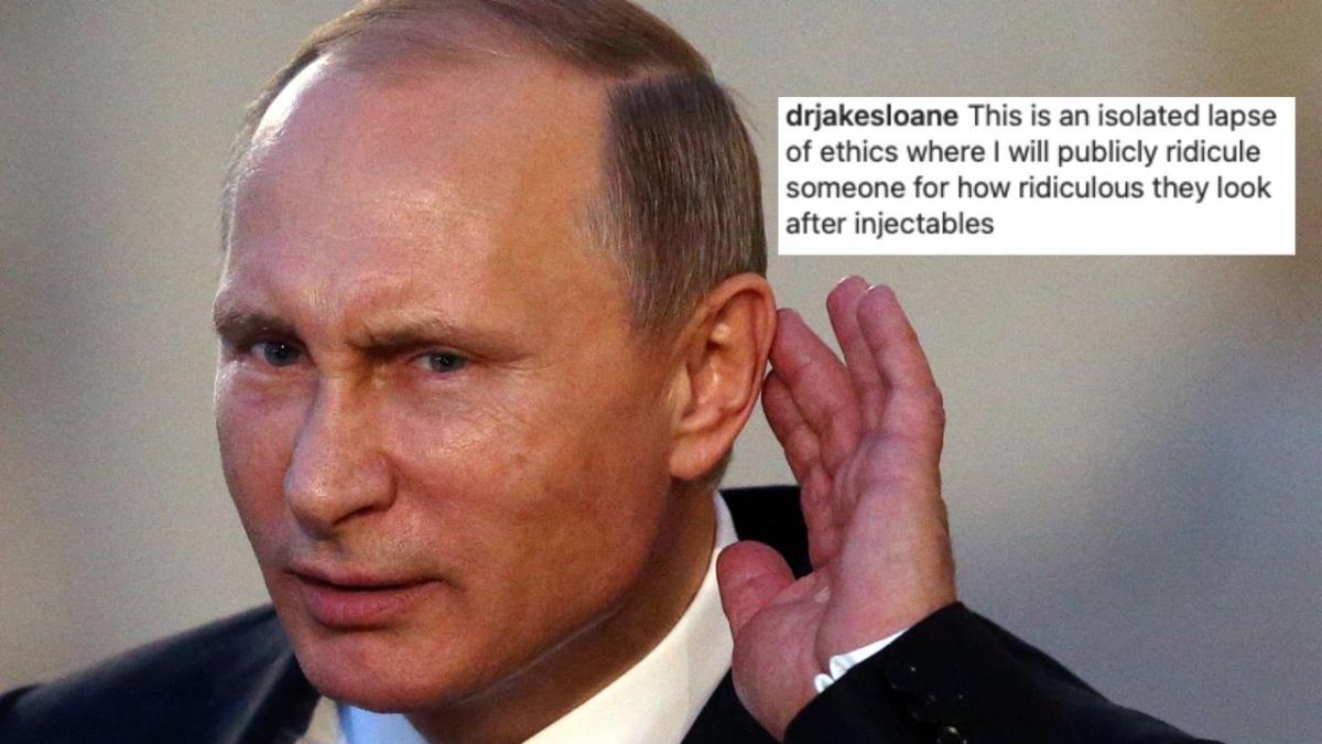 A Sydney surgeon's instagram caption roasting Vladimir Putin's fillers. The image is of Putin looking confused with a hand to his ear, as if he can't hear.