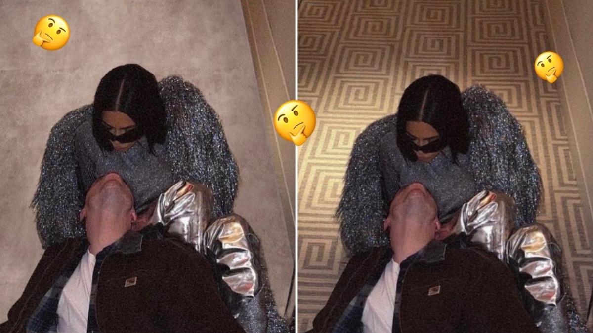 Side by side images of Kim Kardashian's carpet photoshop fail. The image has thinking emojis strewn across it.